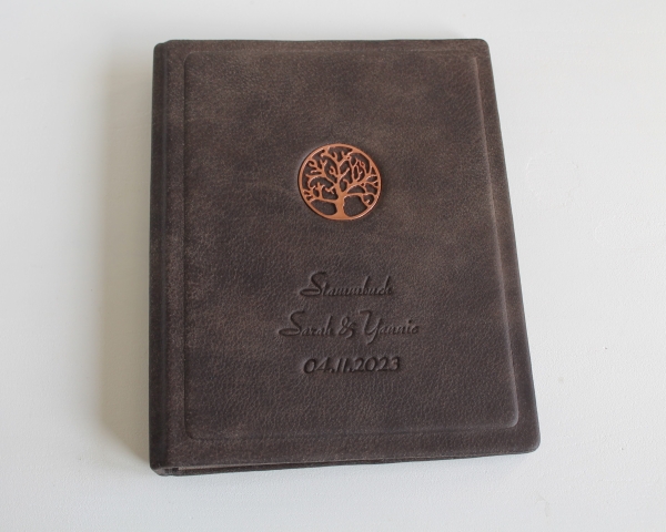 Stammbuch "ROSEGOLDENE LEBENSBAUM" aus braunem Büffelleder DIN A5